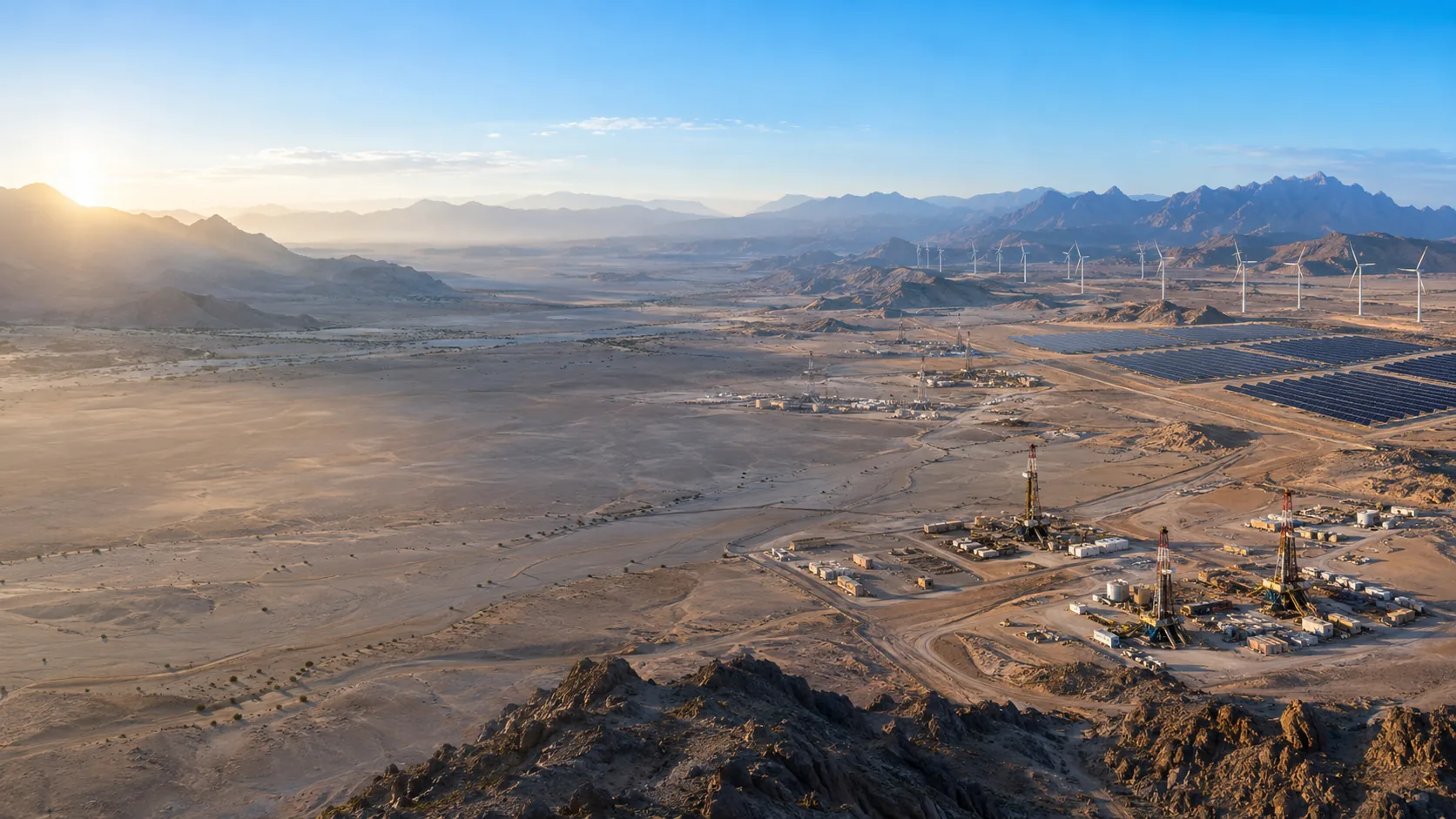 Oil and gas infrastructure, wind turbines and solar fields in an Omani valley