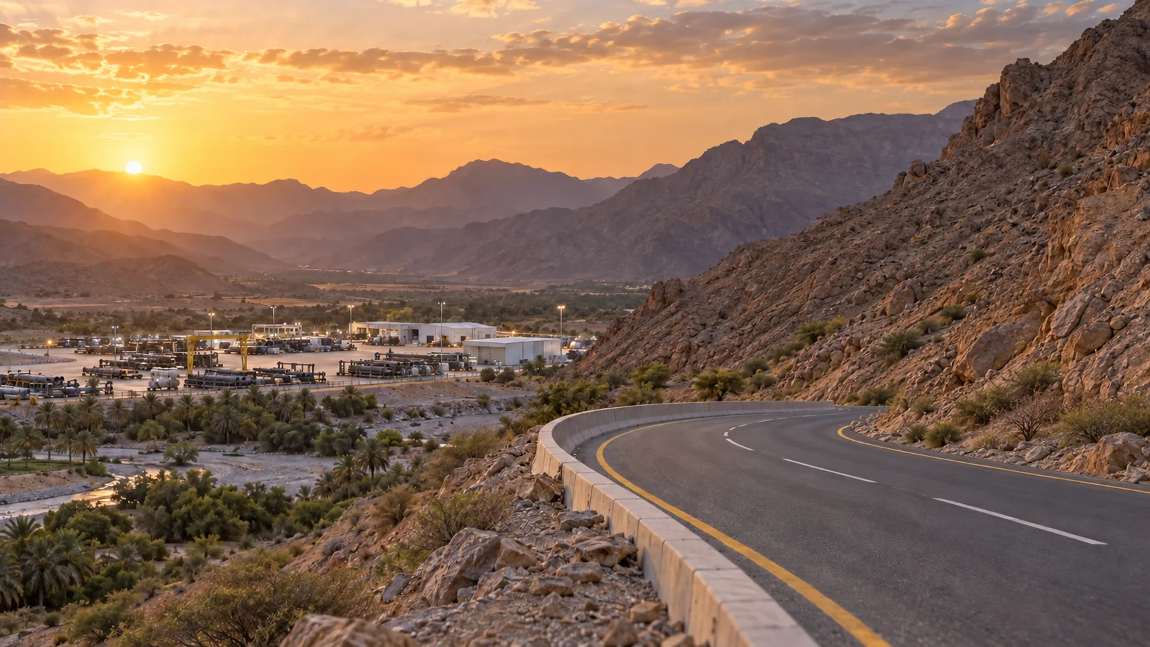 Mountain road leading toward an industrial yard in Oman