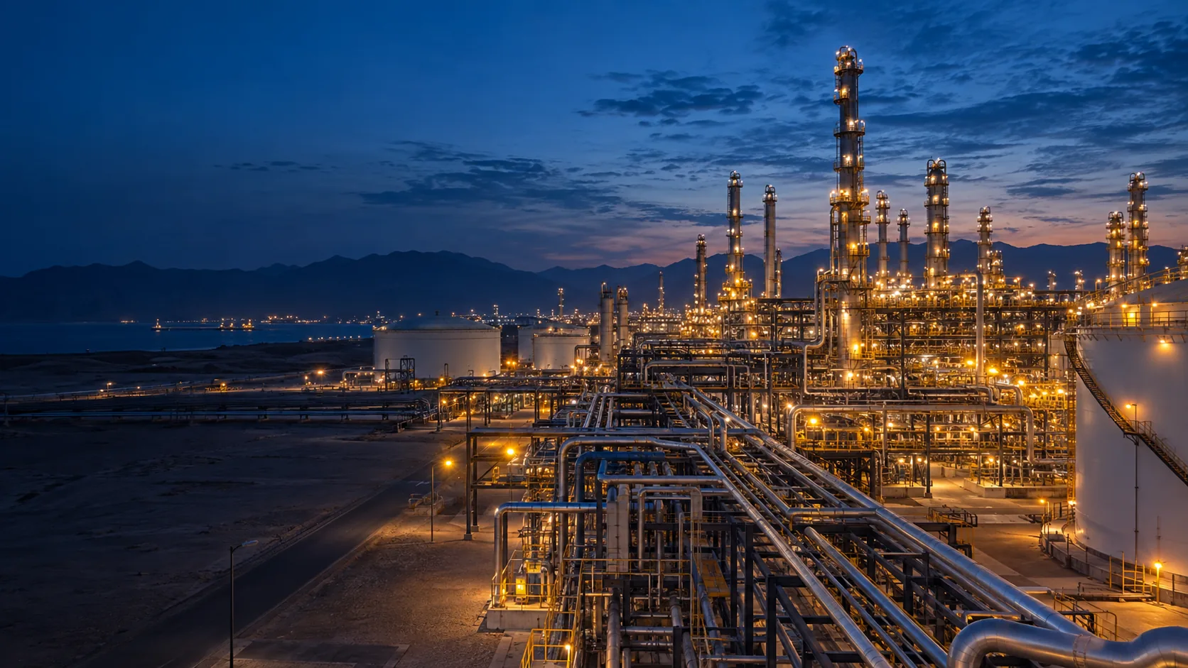 Oil and gas processing facility illuminated at blue hour
