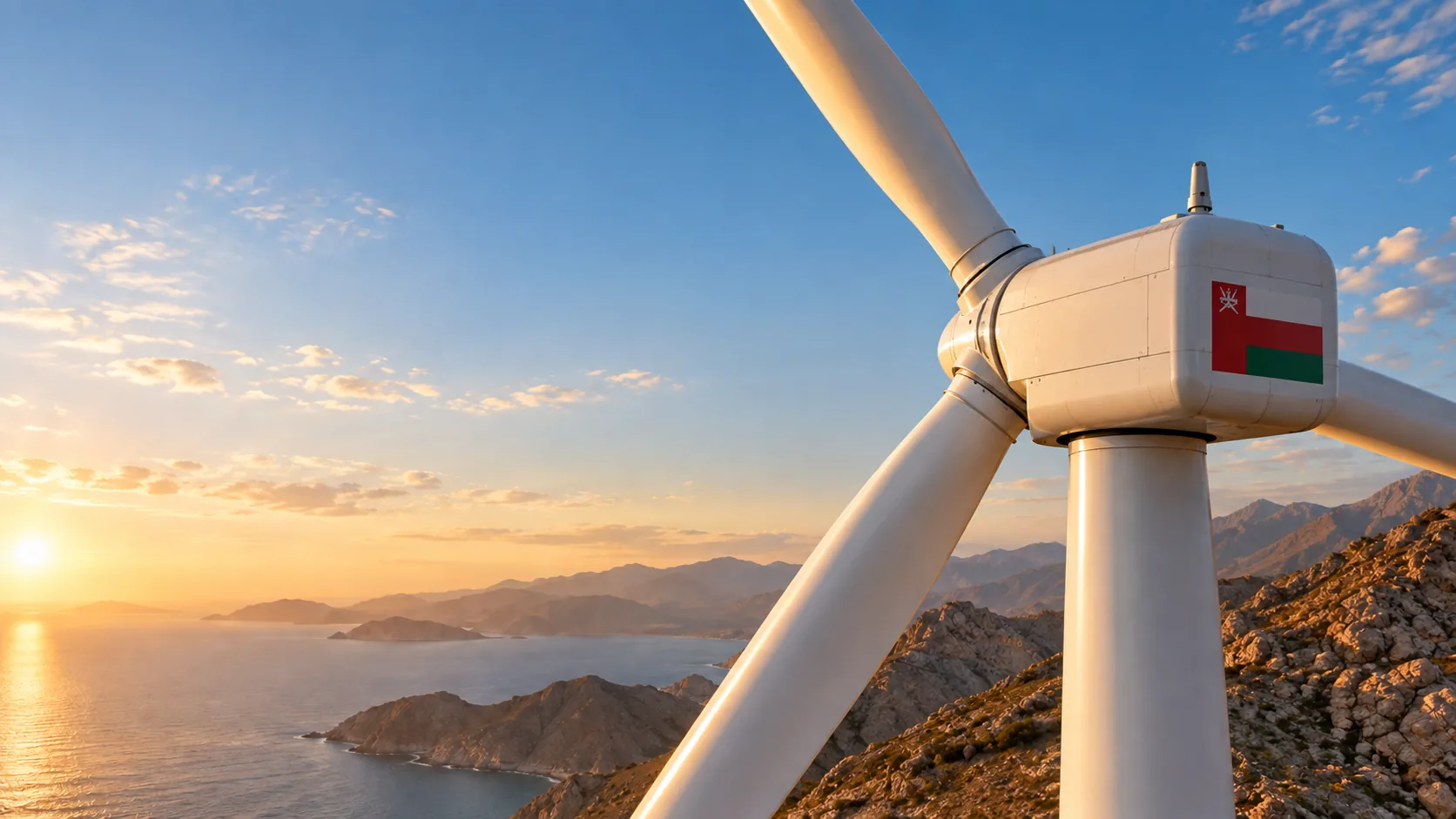 Rear view of a wind turbine bearing the Oman flag
